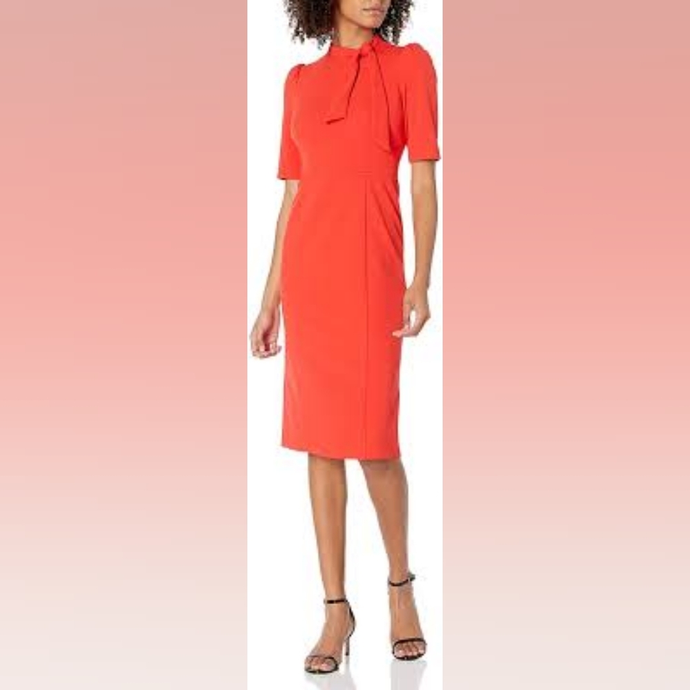 Donna Morgan tie neck crepe sheath dress in size 4 terracotta